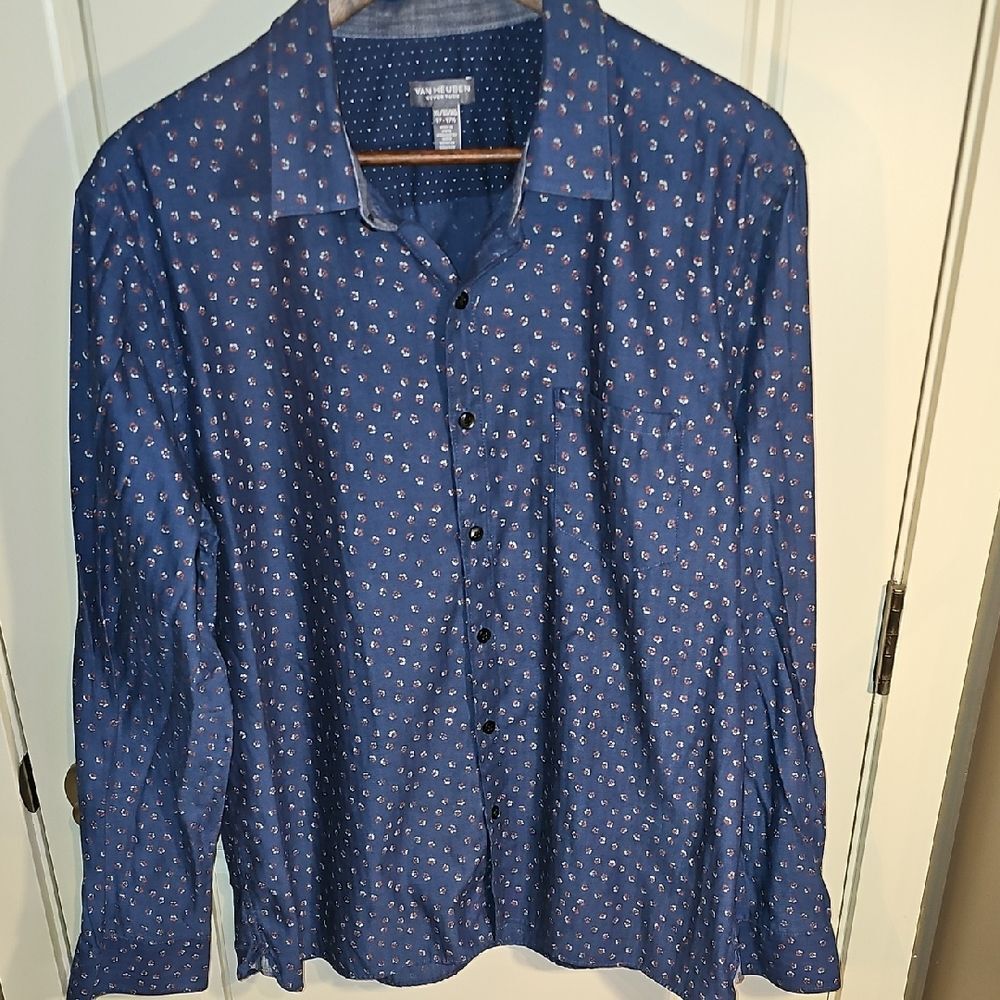 Van Heusen-Men's Nevertuck Blue Patterned Button Down Shirt Size XL
